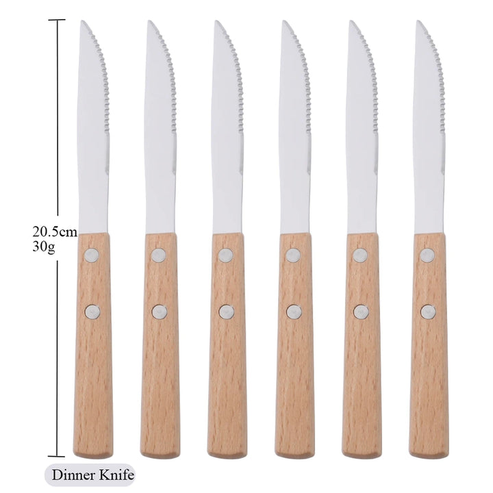 6/10Pcs flatware Set Natural Wood Handle Steak Knives Cutlery Stainless Steel Dinner Knife Dinnerware Kitchen Silverware Set