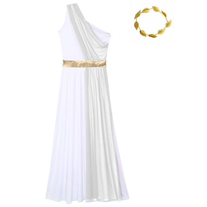 Women Halloween Ancient Greek Dress Ancient Greek Toga Costumes Robe One Shoulder Chiffon Overlay Tunic Dress with Headwear