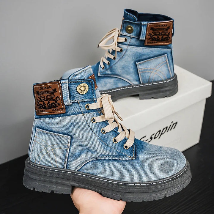 Retro Men's Platform Denim Boots High Quality Men Tooling Boots Fashion Trend Denim Versatile Casual Shoes High Top Working Shoe