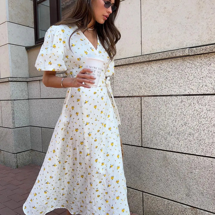 Bornladie Women Printed Lace Up D Short Sleeve Fashion Office Lady Long Dress 100% Cotton Daily Casual V-neck
