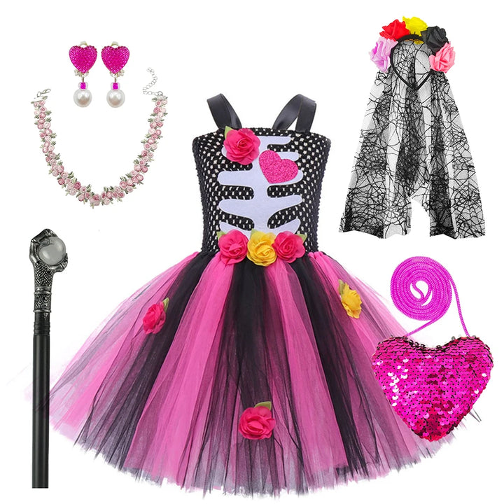 Halloween Kids Dress Cosplay Heart Print Skeleton Costumes Girls Floral Skull Tutu Clothes Children Carnival Performance Outfits