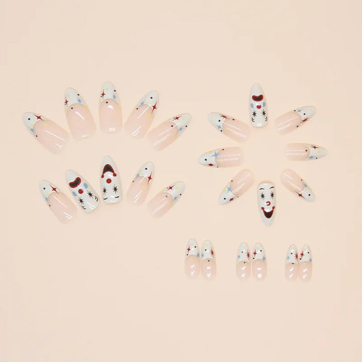 24Pc Halloween False Nails with Almond Head Designs Cute Clown Fake Nails French Full Cover Manicure Press on Nail Tips for Girl