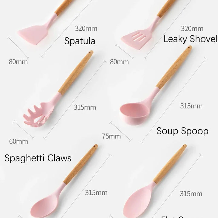 Pink Cooking Kitchenware Tool Silicone Utensils With Wooden Multifunction Handle Non-Stick Spatula Ladle Egg Beaters Shovel