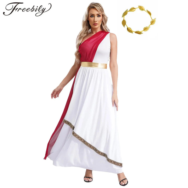 Women Halloween Ancient Greek Dress Ancient Greek Toga Costumes Robe One Shoulder Chiffon Overlay Tunic Dress with Headwear