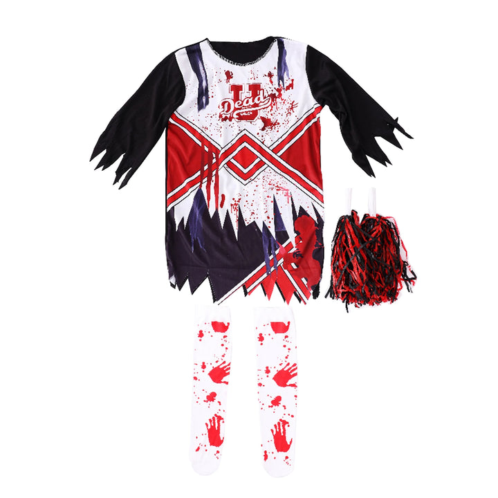 Kids Girls Halloween Party Horror Zombie Cosplay Costume Cheerleading Dance Outfits Bloody Dress with Stockings Flower Balls