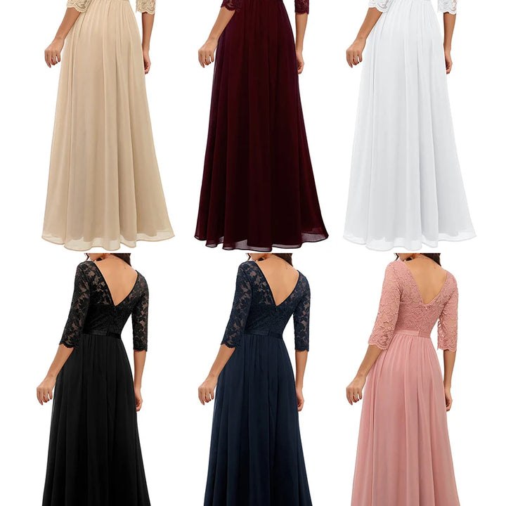 Long Dress Patchwork Lace V-neck Mid-Sleeve Backless Maxi Dress For Women