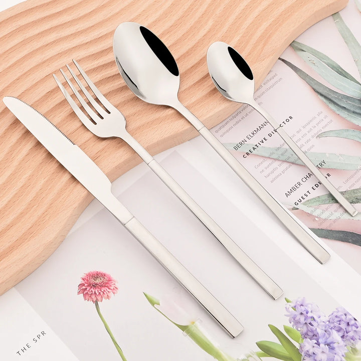 24Pcs Black Dinnerware Set Knife Fork Coffee Spoon Cutlery Set Stainless Steel Flatware Western Kitchen Silverware Tableware
