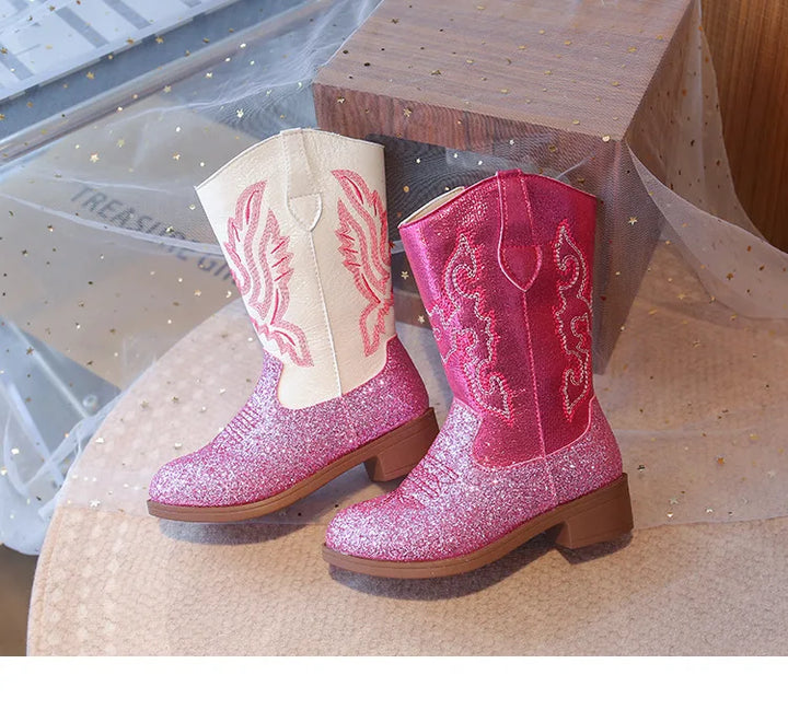 Girls Boots Toddler Snow Gear Mid Calf Glitter Western Cowboy Boot 2025 Autumn Big Kid Riding Girls Botas Size 27-36 Kids Shoes