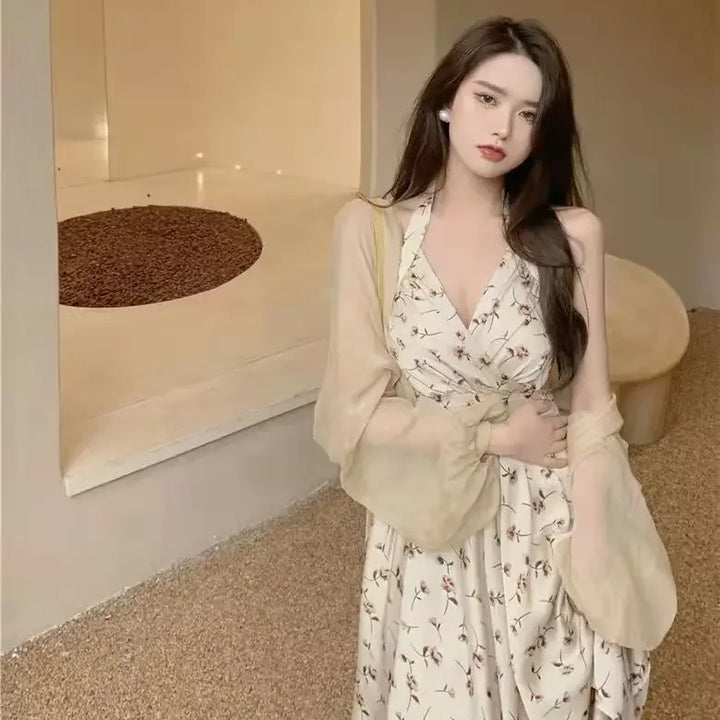 New Gentle Wind Fragmented Flower V-Neck Sling Dress Set Waist Wrap Neck Hanging Long Dress Thin Protection Cardigan