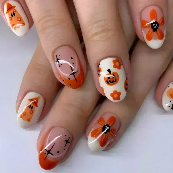 24Pc Halloween False Nails with Almond Head Designs Cute Clown Fake Nails French Full Cover Manicure Press on Nail Tips for Girl