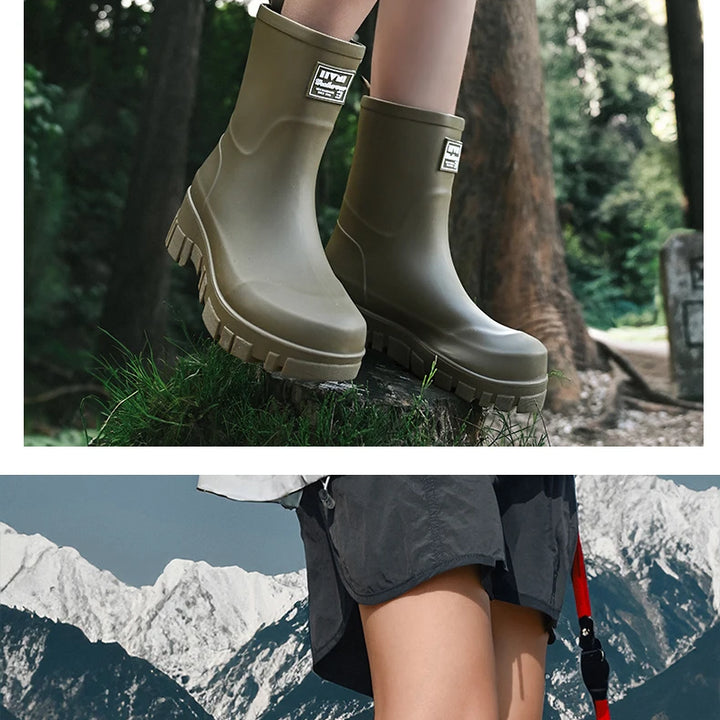 Women Waterproof Boots New Style Elastic Mouth Ankle Boots Mid Top Rain Shoes Non Slip Outdoor Indoor Chelsea Water Boot Woman