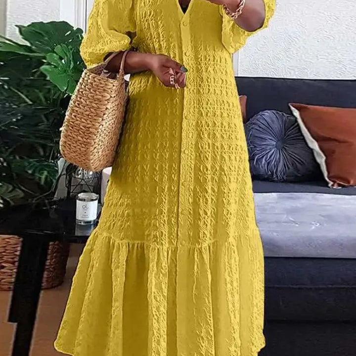 Fashion New Women's Pleated Dress V-neck Single Breasted Casual  Elegant Temperament Style Long Dress