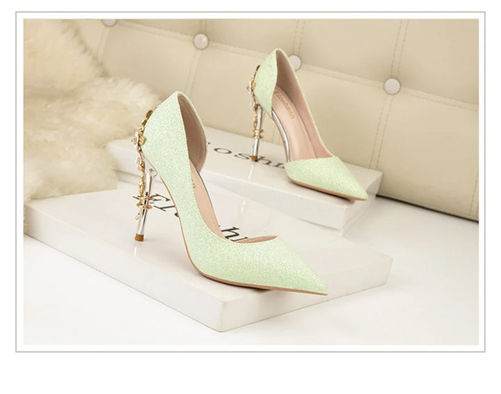 Light Luxury Sexy Women Dress Shoes 2025 Autumn Metal Flower Fashion High Heel Wedding White Pointed Sequins Shiny Female Pumps