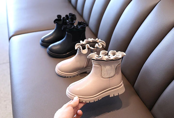 Girls Boots Fashio Knitted Ankle Boots Autumn Winter Soft Leather Slip on Kids Shoes Princess Non-slip Plush Snow Boots ботинки