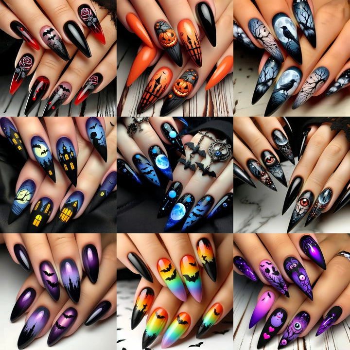 Halloween Fashion Nail Art 216 pieces Nail art patch set Pumpkin Moon Bat Flower Table Nail Art patch Detachable nail art mid-le