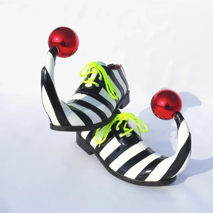 Adults Halloween Clown Cosplay Shoes Funny Circus Club Clown Performance Stripe Clown Shoes With Red Ball Carnival Cosplay Shoes