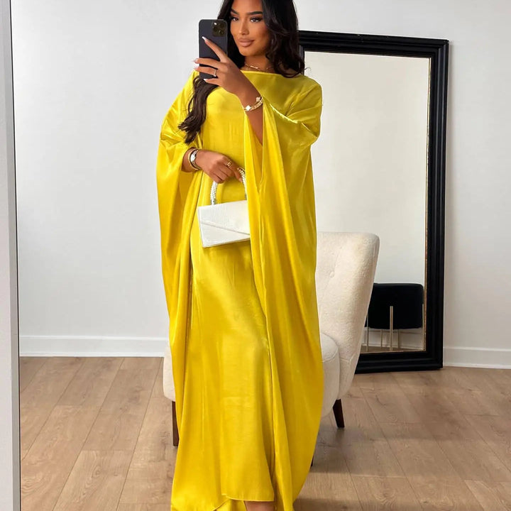 Tossy Autumn Loose Shiny Maxi Dress Butterfly Batwing Long Sleeve Muslim Clothes Party Solid Female Long Dress New