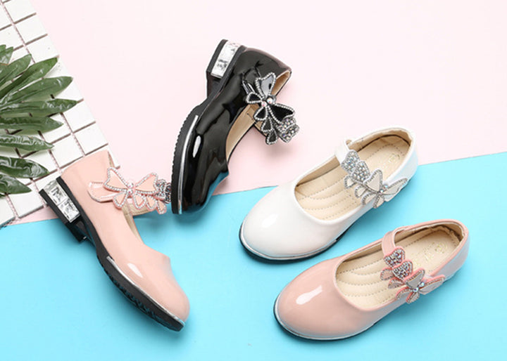 Girls Leather Shoes 2022 Spring Summer PU Patent Leather Kids Dress Shoes High Heels Butterfly-knot Dress Shoes for Wedding Chic