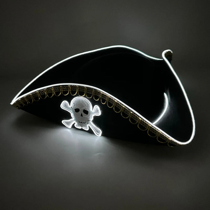 Halloween LED Light Black Pirate Hat For Adult Pirate Theme Party Glowing Cap Cosplay Costume Luminous Hat With Skull Pattern