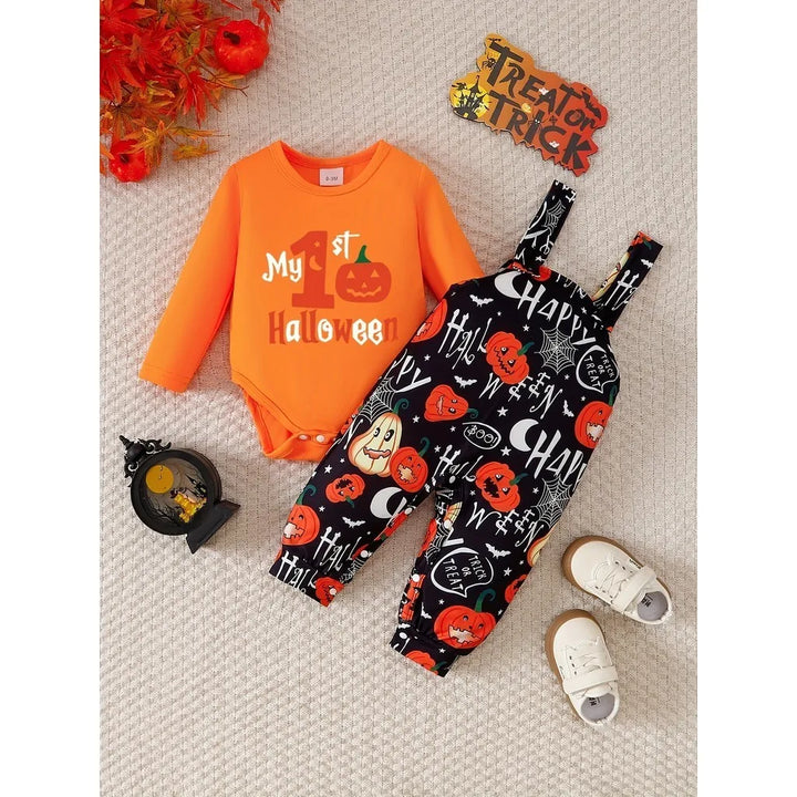 Baby Boy&Girl Halloween Costume Sets Long Sleeve Pumpkin Pattern Romper+Graffiti Strappy Pants 2PCS Holiday Clothes for 0-2Years