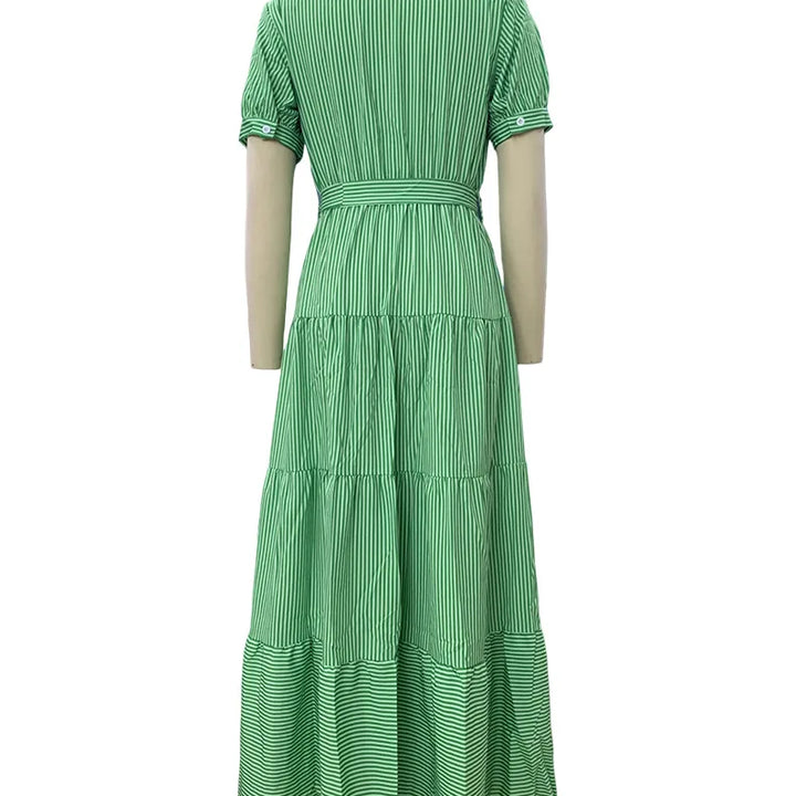 New Fashion Stripe Printed Short Sleeve Loose Waist Strap Long Collar Ankle Single Breasted Dress
