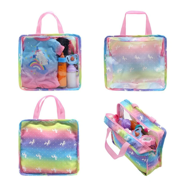 Newborn Doll Accessories Kit with Clear Display Rainbow Carrying Bag Transparent Display Window Fit 14inch Dolls Doll Travel Set