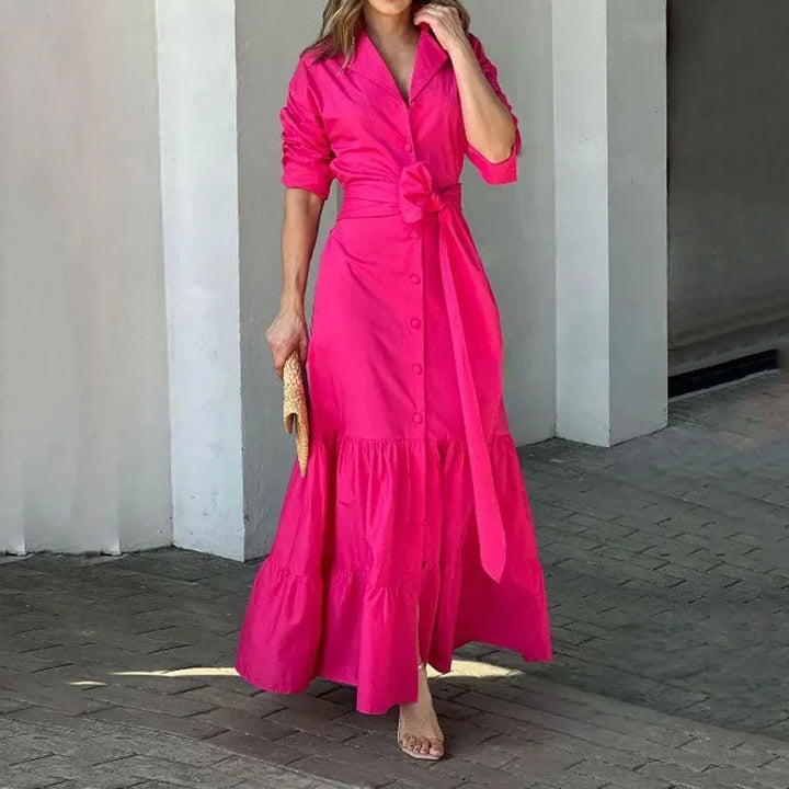 Women Long Sleeve dress Turn Down Collar Single Breasted Button Solid Loose fit