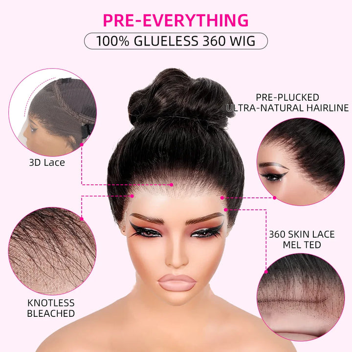 Hidden Strap Straight 360 Lace Front Wigs Human Hair Pre Plucked 12A Glueless Brazilian Virgin Wig With Drawstring HD Full Lace