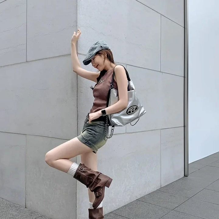 Pleated Buckle Knight Boots for Women Autumn Brown PU Leather Mid Calf Boots Woman Slip-On Thick Heel Riding Botas Mujer 2024