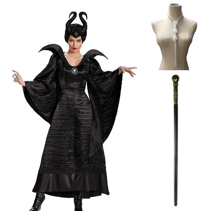 Halloween Movie Character Deluxe Black Horned Hat Imitation Texture Dress Evil Queen Witch Dress Cosplay Party Carnival Costume
