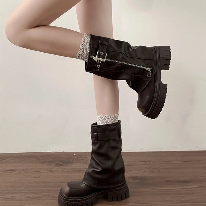 Winter Women Biker Boots Fashion Belt Buckle Ladies Elegant Platform Flats Short Booties Casual Women's Knight Booties