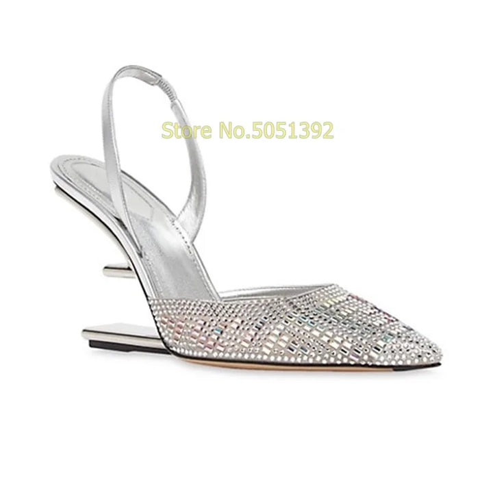 Silver Crystal Back Strap Pumps Strange Style Sexy Pointed Toe Shallow Slip On Fashion 2024 Summer Spring Women Dress Shoes