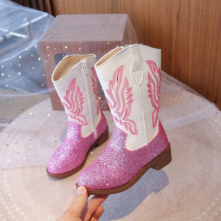 Girls Boots Toddler Snow Gear Mid Calf Glitter Western Cowboy Boot 2025 Autumn Big Kid Riding Girls Botas Size 27-36 Kids Shoes