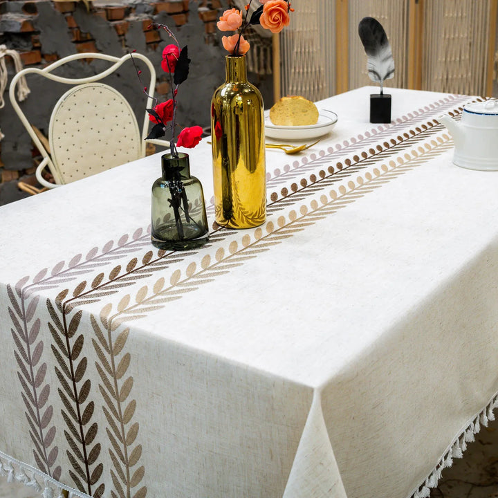 orthern European simple tassel cotton linen table cloth embroidery flower leaves party American decorative dust table cloth