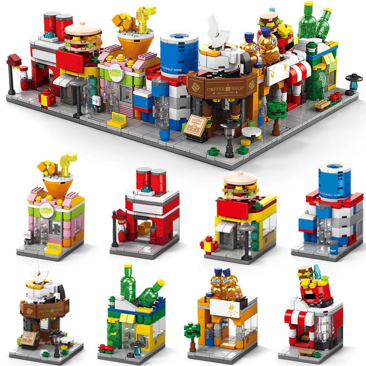 NEW DIY Makeup Convenience Store Flower Shop Hair Salon Piano Game Hall Fruit Bookstore Building Blocks Bricks Movie Model Toy