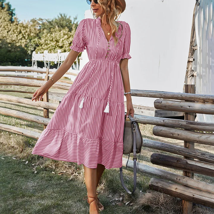 Women Elegant Striped Lantern Sleeve  Causal V-neck Button Ruffles Midi Dress.
