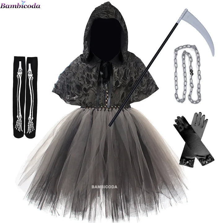 Halloween Grim Dresses Horror Death Cosplay Black Cloak Costume kids Girls Party Clothes Halloween Dress Demon Ghosts Costume