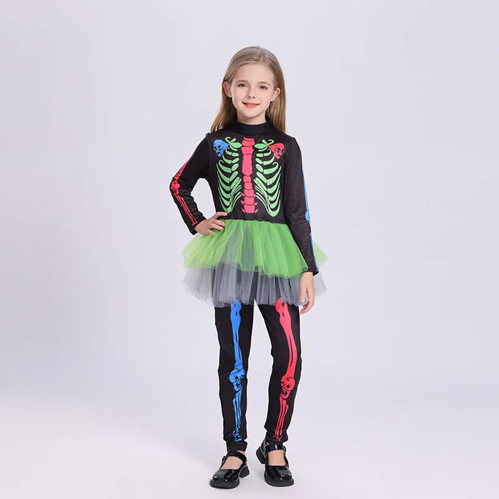 Girls Colorful Skeleton Costume – One-Piece Dress
Spooky & bright!
Fun skeleton print with a pop of color, perfect for Halloween trick-or-treating and parties.
💀 Includes: One-piece tight skirt dress up.
🎃 Perfect for Halloween parties