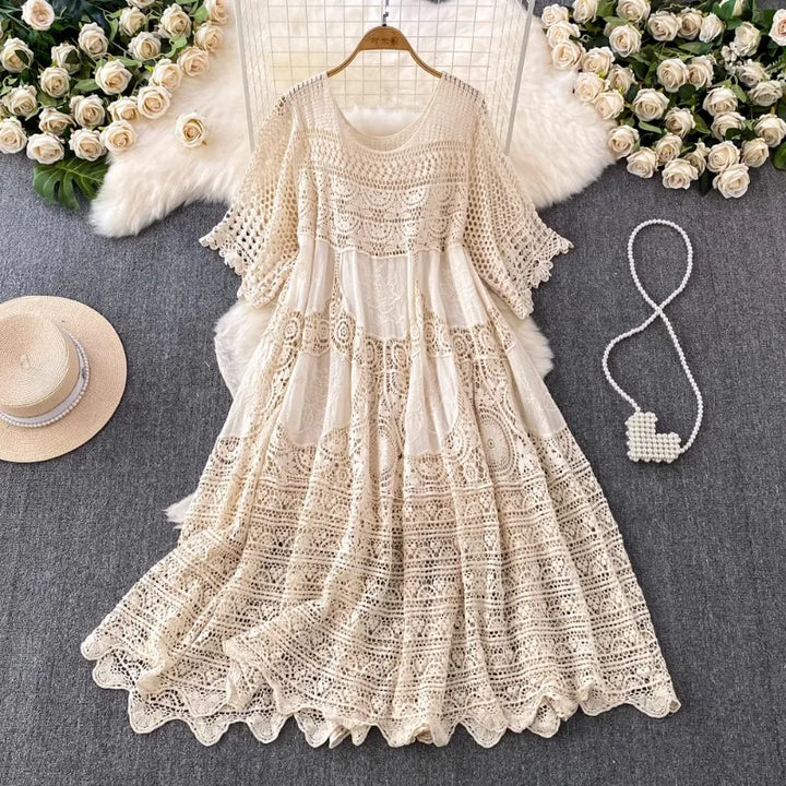 OCEANLOVE Hook Hollow Out  Dress Spring Summer Beach Style Knitted  Fashion Elegant Loose Long Dress