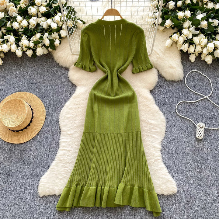 Vintage Single Breasted Women's Knitted Long Dress High Waist Short Sleeve Ruffles Straight Dress