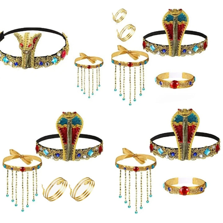 Halloween Egyptian Costume Accessories Egyptian Cobras Headpiece Beaded Tassels Necklace Decoration for Dressing Party