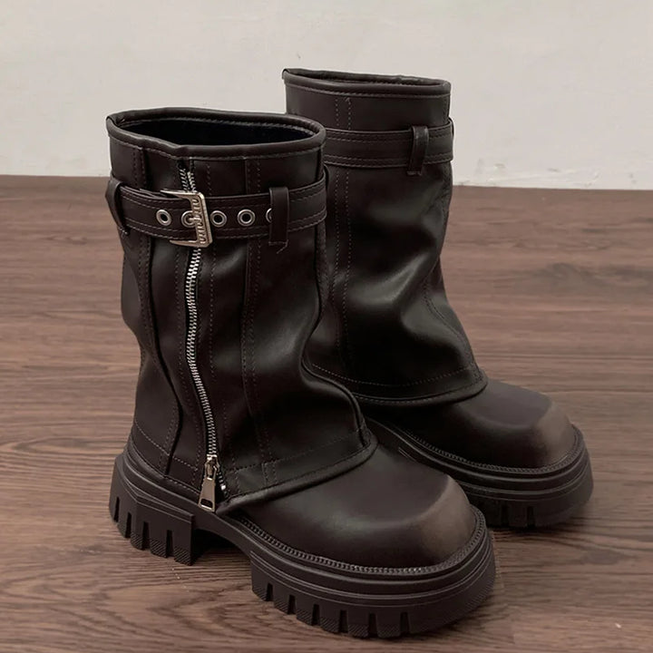 Winter Women Biker Boots Fashion Belt Buckle Ladies Elegant Platform Flats Short Booties Casual Women's Knight Booties