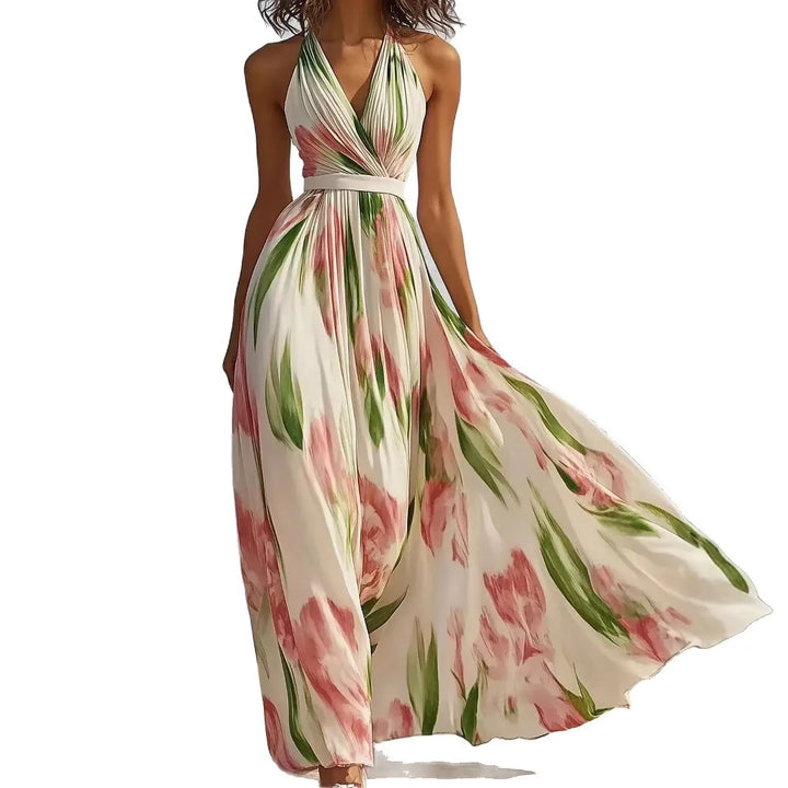 Summer Women's V-neck Fashionable Printed  Style Long Suspender Dress Elegant Long Dress