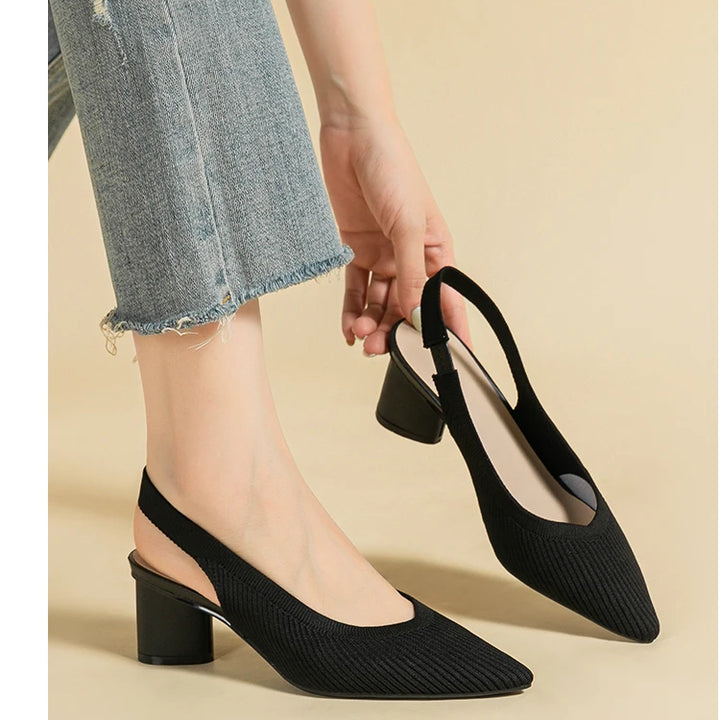 DIMANYU Women Dress Shoes Knitted Solid Color Toe Back Trip Fashion Sandals Women Pointed Toe Shallow Sidespace Women Sandals