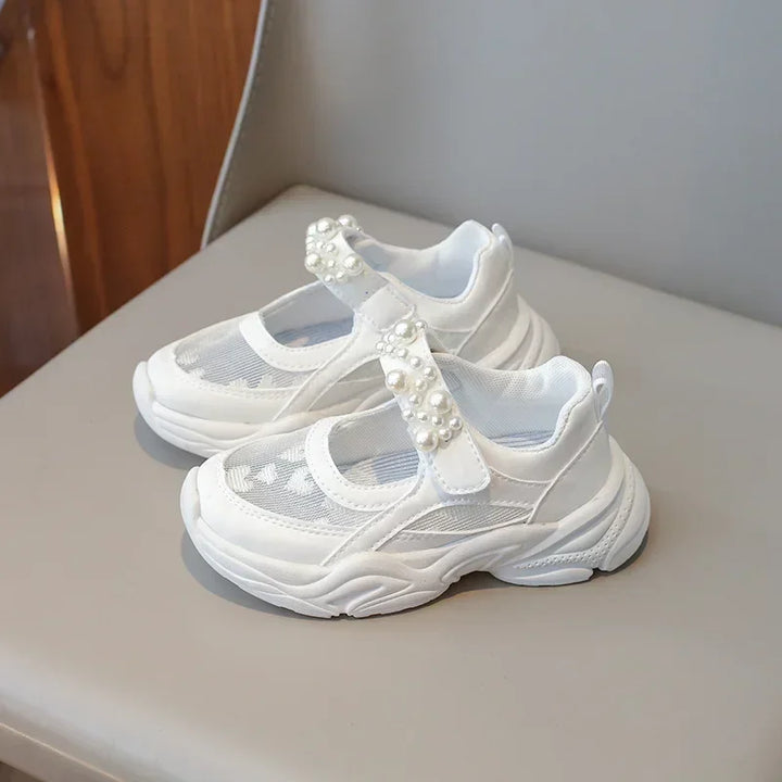 Children's Sneakers New Mesh Sports Shoes Spring Autumn Girls Fashion Shallow Breathable Pearl Tennis Kids Causal Flats