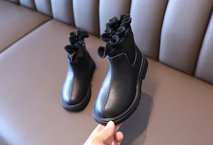 Girls Boots Fashio Knitted Ankle Boots Autumn Winter Soft Leather Slip on Kids Shoes Princess Non-slip Plush Snow Boots ботинки