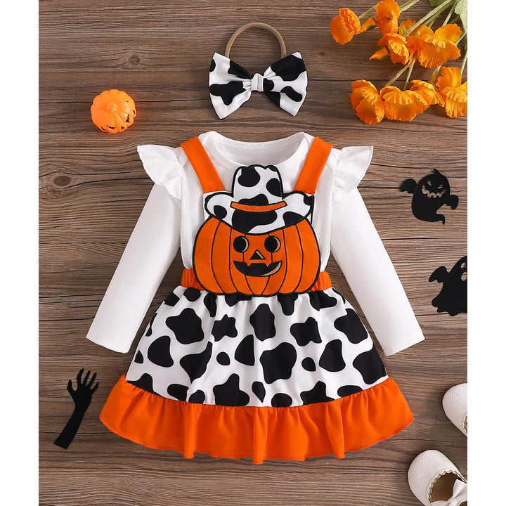 Baby Girls Halloween Clothing Set Cute Ghost Pumpkin Face Applique Suspender Dress with Rompers Carnival Party Cosplay Costume