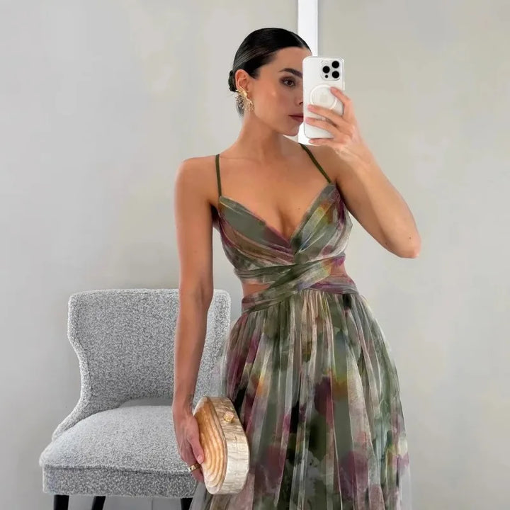 Out Party Dress, Loungewear Fashion Printing Maxi Dress, Sleeveless Lace-Up