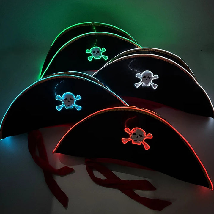 Adults Black Pirate Hats with Skull Pattern Halloween Cosplay Props Parties Caribbean Pirate Costume Hats LED Glowing Party Hat