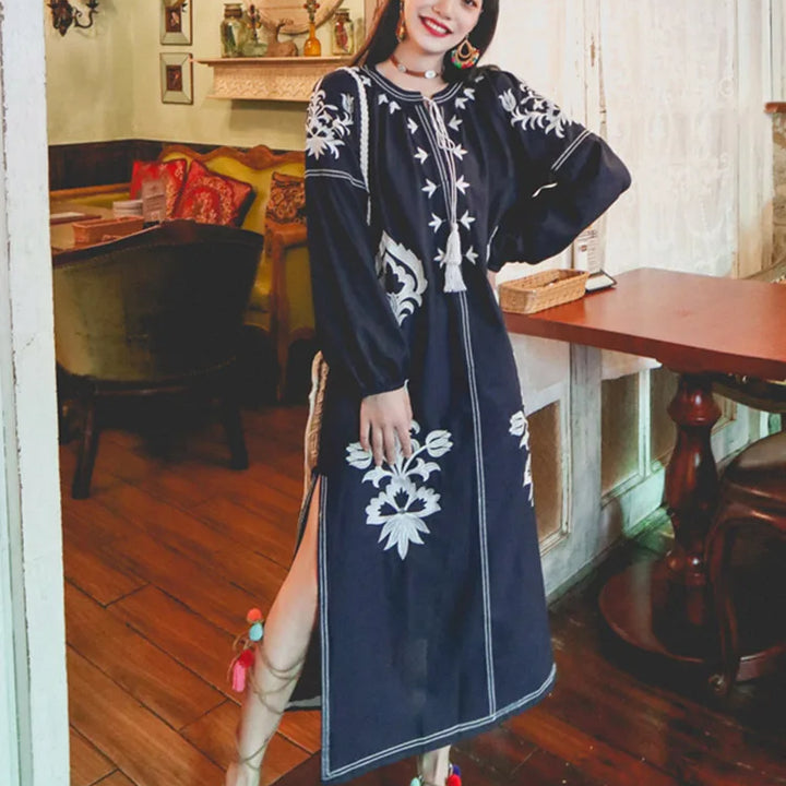 New Spring Autumn Embroidered Dress V-neck Tie Split Retro Indie Folk Style Holiday Beach Long Dress.